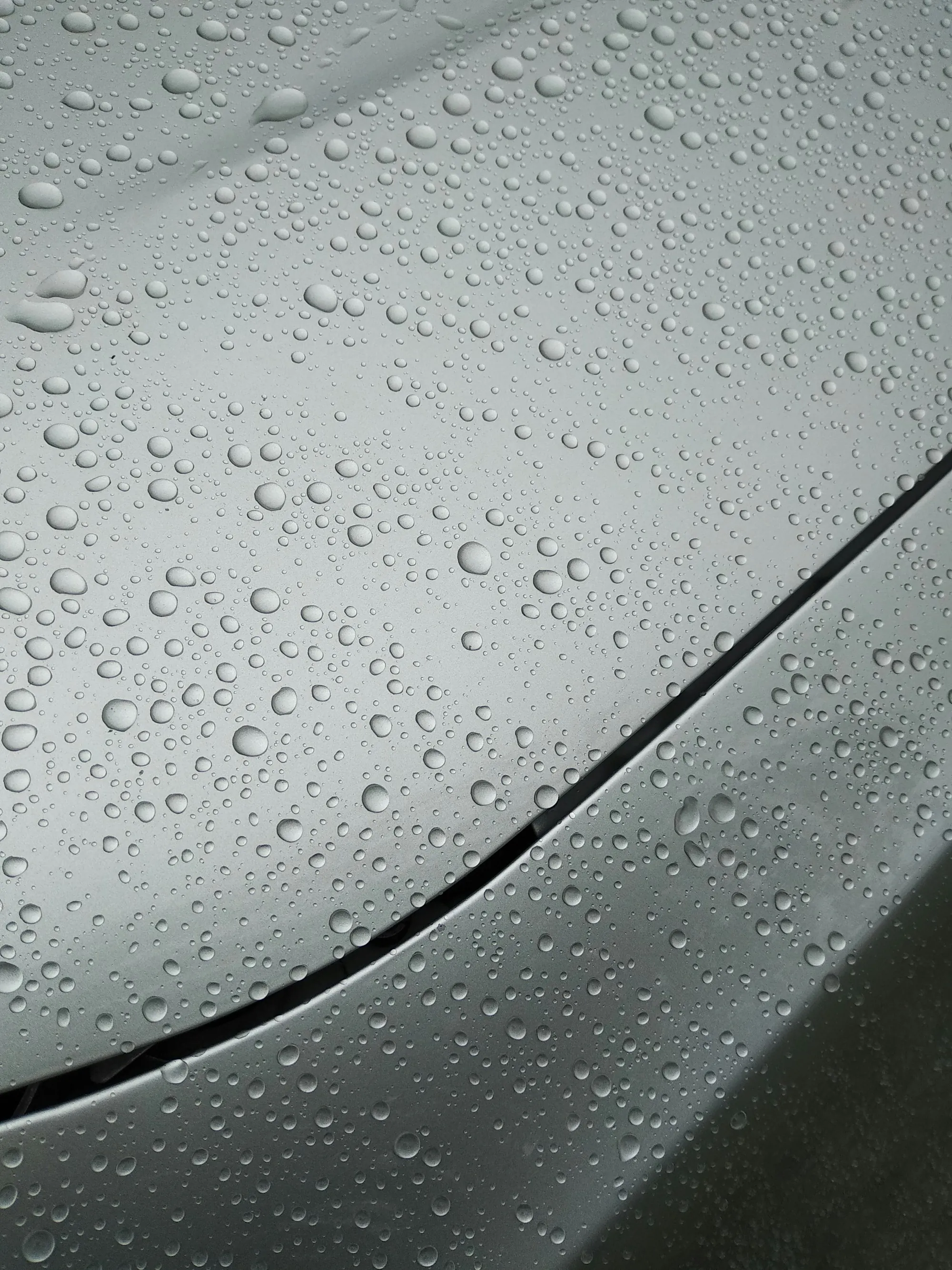 Water droplets beaded on silver car paint